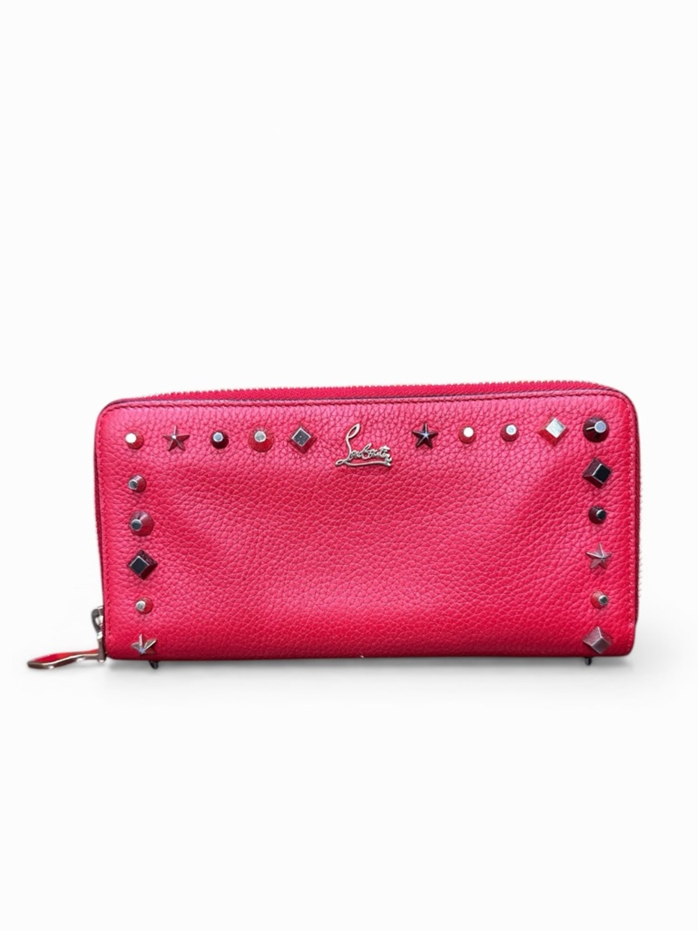 Christian Louboutin Red Studded Zip Around Wallet Leather Spike Star Continental